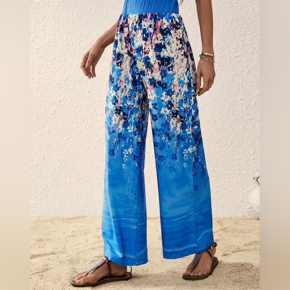 High Waist Blue Wide Leg Straight Summer Pants - Picture 3 of 3